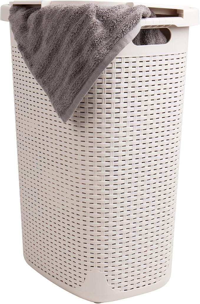 Mind Reader Slim Laundry Hamper with Lid, 60L Clothes Basket, Premium Wicker Design, Plastic, Ivory