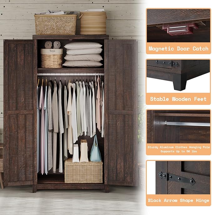 AMERLIFE Set of 2 Farmhouse Armoire Wardrobe Closet with 2 Barn Doors, 71'' Storage Cabinet with Shelf & Hanging Rod, Versatile Clothing Storage for Bedroom, Espresso