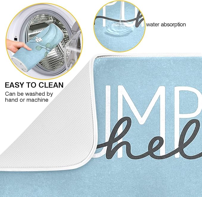Fall Pumpkin Aqua Blue Dish Drying Mat for Kitchen Countertop 16x18 Eucalyptus Leaves Turquoise Autumn Small Drying Mat Reusable Quick Dry Dish Sink Mats Easy Clean Decorative Essentials