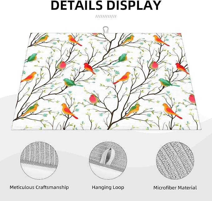 Cute Birds Kitchen Drying Mat Birds on Tree Microfiber Dish Drainer Mat for Kitchen Counter Absorbent Reusable Washable 18x24 Inch