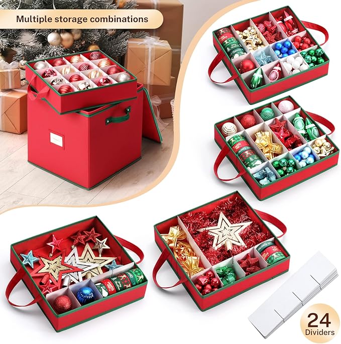 MaidMAX Christmas Ornament Storage Box Holiday Decoration Organizer, 64 Christmas Ball Accessories Holder with Adjustable Dividers, Zippered Closure, 4 Removable Trays, 600D Oxford, 12.9x12.9x13