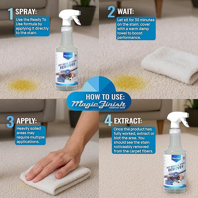 Magic Finish Pet Odor & Stain Remover (32 oz) – Enzyme Carpet Cleaner for Dog & Cat Urine, Vomit, and Messes – Kid & Pet-Friendly Rug & Upholstery Deodorizer with Apple Blossom Scent