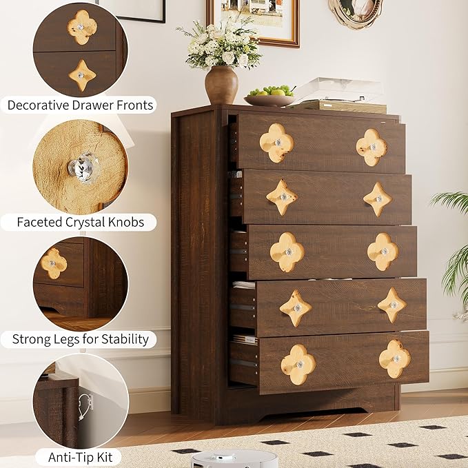 Garvee Dresser for Bedroom with 5 Drawers, 45'' Tall Chest of Large Decorative Drawer Front with Large Clothes Storage Cabinet, Wood Bedroom Dresser, TV Stand for Nursery, Living Room, Enterway