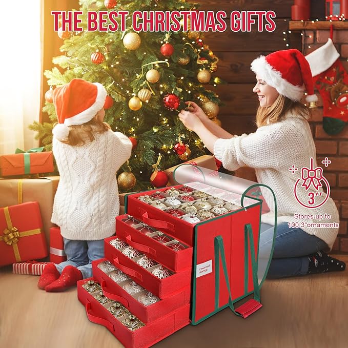 Christmas Ornament Storage Box, Stores Up to 100 Count 3 Inch Ornaments, 5 Individual Trays, Adjustable Dividers, 600D Oxford Fabric, Large Organizer Bin to Protect and Store Holiday Décor