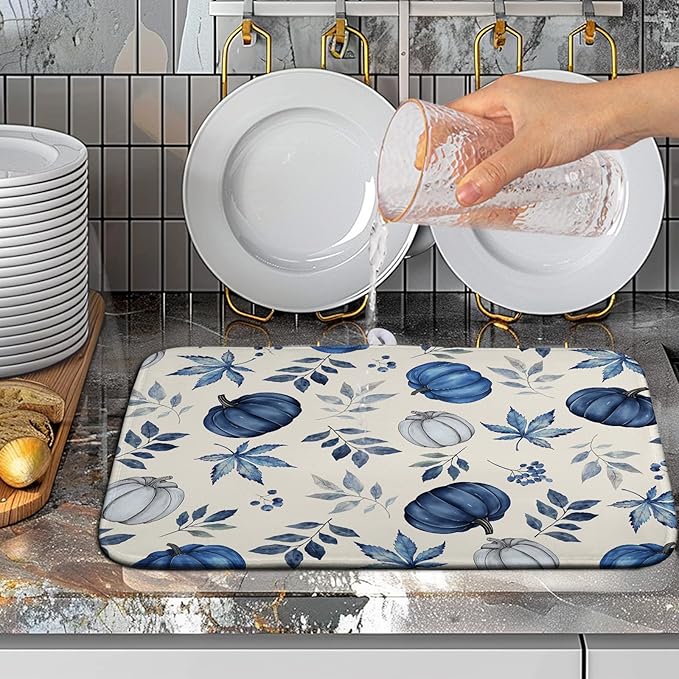 Wnoesat Fall Dish Drying Mat Blue Pumpkin Maple Leaves Drying Mats for Kitchen Counter 16x18 Inch Autumn Thanksgiving Absorbent Microfiber Dish Draining Mat Dishes Pad with Hanging Loop