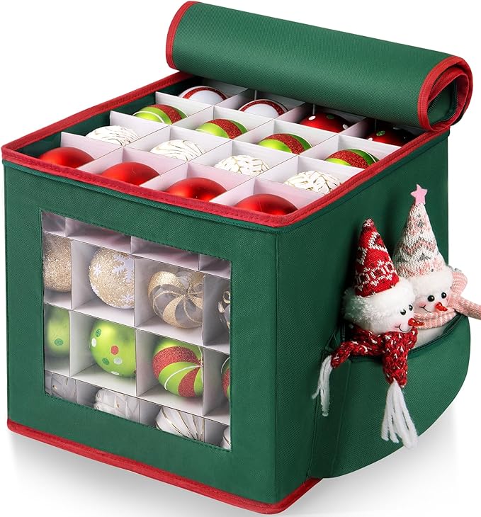 Christmas Ornament Storage Box, Premium Ornaments Organizer with Adjustable Dividers Pocket Clear Window Store Up to 64 Holiday Ornaments Storage Container Bin Zippered for Christmas Decorations Green