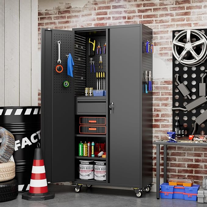 Aobabo Metal Storage Cabinet with Wheels and Adjustable Pegboard, 71" H Steel Rolling Cabinet with 16 Hooks and 1 Interior Drawers for Garage, Home, Office, Kitchen, Black, Assembly Required