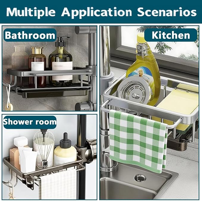 Kitchen Sink Faucet Organizer,Sponge Holder Caddy Rack Multifunction Shelf for Soap,Dish Accessories, Adjustable for 0.7-1.1 Inch Round Water Pipe (Left Grey)