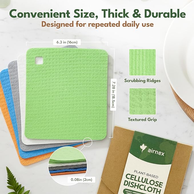 AIRNEX 10 Pack Cellulose Swedish Dishcloths for Kitchen - Eco-Concious Reusable Dish Towels & Cloths - Super Absorbent, Odor Resistant and Fast Drying Wash Cloths for Dishes & Surfaces