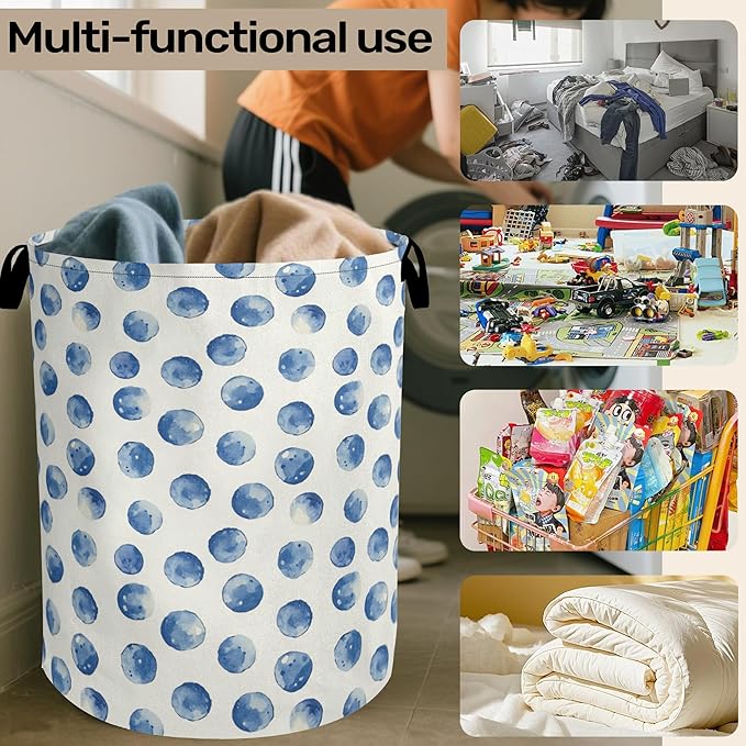 Blue Polka Dots Laundry Basket with Handles - Extra Large Foldable Hamper for Bathroom/Laundry/Bedroom/Dorm, Washable Fabric Storage Bin