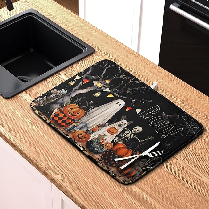 Kwlegh Halloween Dish Drying Mat for Kitchen Counter 18x24 Inch Black Ghost Pumpkins Dog Boo Skull Dishes Drainer Mats Absorbent Microfiber Washable Dish Draining Pad for Sink Coffee Bar