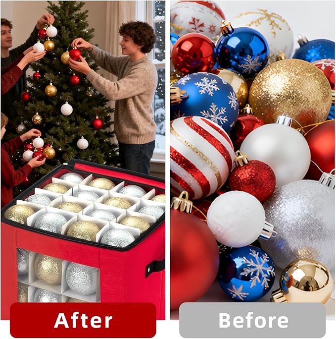 Christmas Visible Ornament Storage Box with Adjustable Dividers,Christmas Ornaments Organizer with Zipper, Storage Container Bin for Decorations(64 Ball, Red, without Tray)