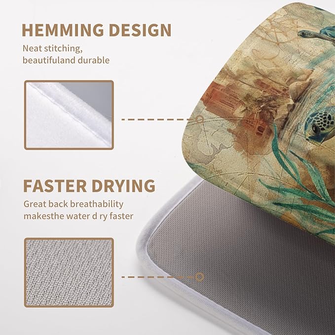 Wnoesat Vintage Ocean Sea Turtle Dish Drying Mats for Kitchen Counter 16 X 18 Inch Summer Turtle Dish Mat Drying Kitchen Mat Nautical Coastal Absorbent Drying Mat with Hanging Loop, 240219