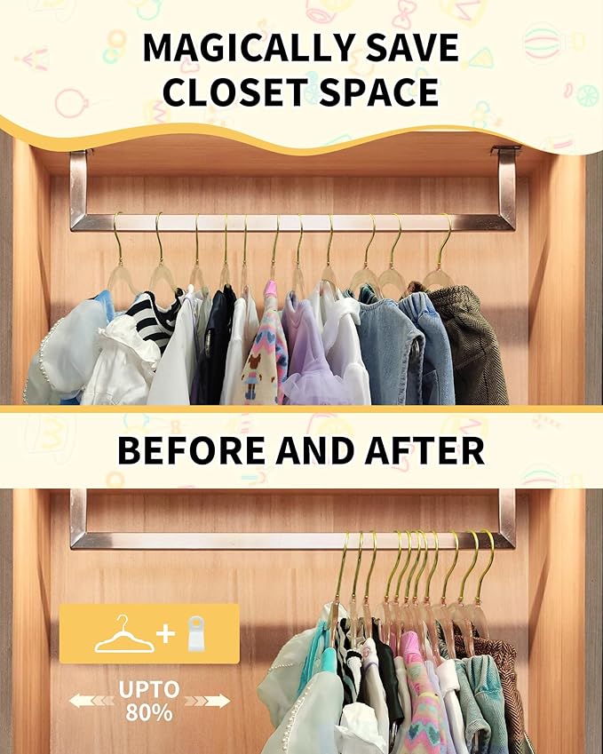 HGYZE Toddler Hangers for Kids Clothes Closet, 50pcs Slim Baby Hangers with 10 Connector Hooks for Infant Coat, Perchas de Plástico for Boy Nursery (Clear Sparkling Hangar with Gold Glitter)