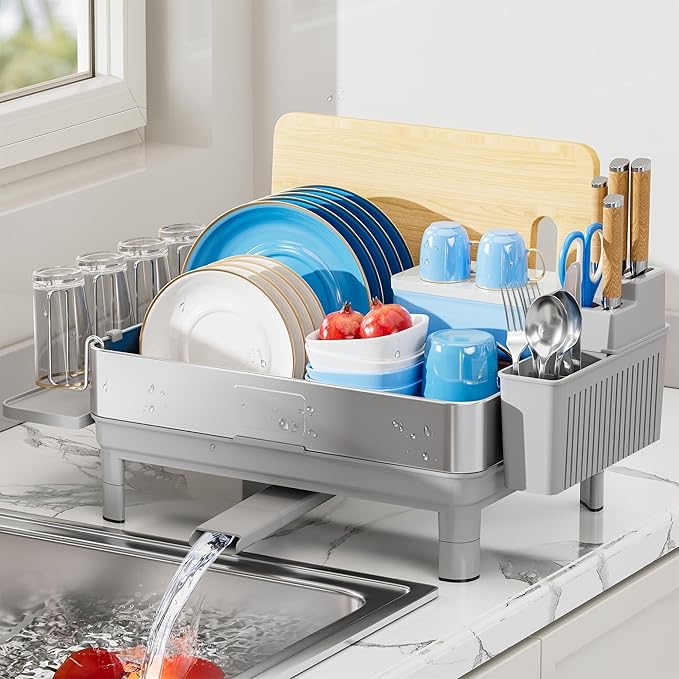 Ewaiira Dish Drying Rack, 304 Stainless Steel Dish Racks for Kitchen Counter, Dish Drainers with Automatic Drainage, Utensil Holder & Cups Holder, Space Saving Kitchen Organizer, Gray