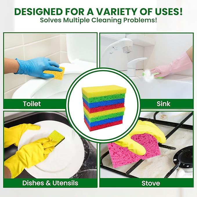 MMG Prime Cellulose Sponges – 24-Pack Multicolored Compressed Natural for Kitchen – Plant-Based, Biodegradable, Non-Scratch, Quick-Dry, Super-Absorbent for Dishes & Surfaces