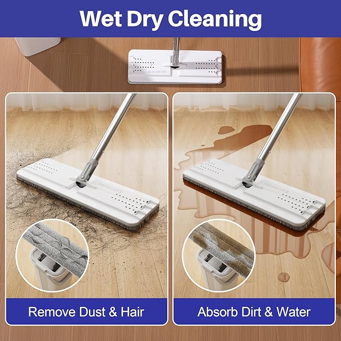 BOSHENG Mop and Bucket Set, Flat Mops for Floor Cleaning, Wall Mop with 60" Extensible Handle, Hardwood Floor Mop with 4 Microfiber Pads