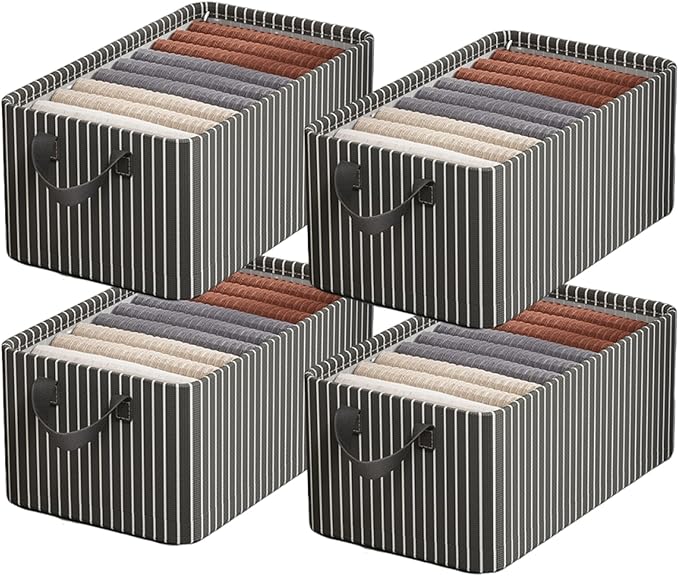 4PCS Closet Clothes Organizer Dustproof Sturdy Storage Baskets Bins 26L Foldable Shelf Containers Bin Support Boards Dust Lid Steel Frame for Sweater Pants T-shirt Dress (Black-white Stripes - No Lid)