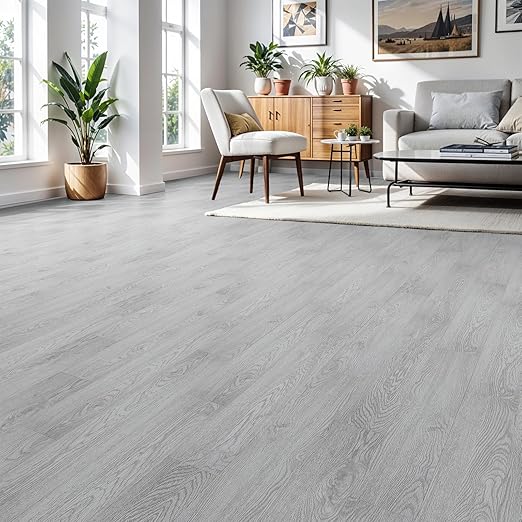 Peel and Stick Floor Tile, INMOZATA Self Adhesive Vinyl Plank Flooring Tile Wood Grain Look 36-Pack 54 Sq.Ft Waterproof Tile Sticker for Bedroom, Living Room, Kitchen, RV (Light Gray)