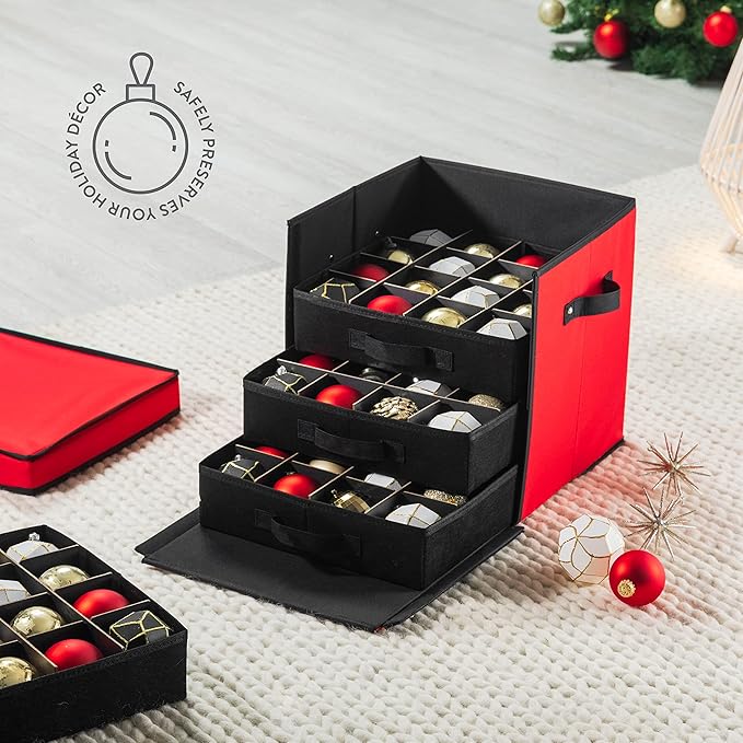 ZOBER Christmas Ornament Storage Box - Stores 64 3" Ornaments with Drawer Style Trays - Tear Proof 600D Oxford Fabric - Ornament Organizer Storage Box, Durable Christmas Containers Holder - Red