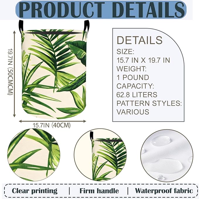 Tropical Leaves Laundry Basket Hamper 19.7"x15.8", Palm Leaf Foldable Waterproof Oxford Clothes Storage Bucket for Room Bathroom Bedroom Nursery Decor, Toy Organizer Bins Gifts for Kids Boys Girls