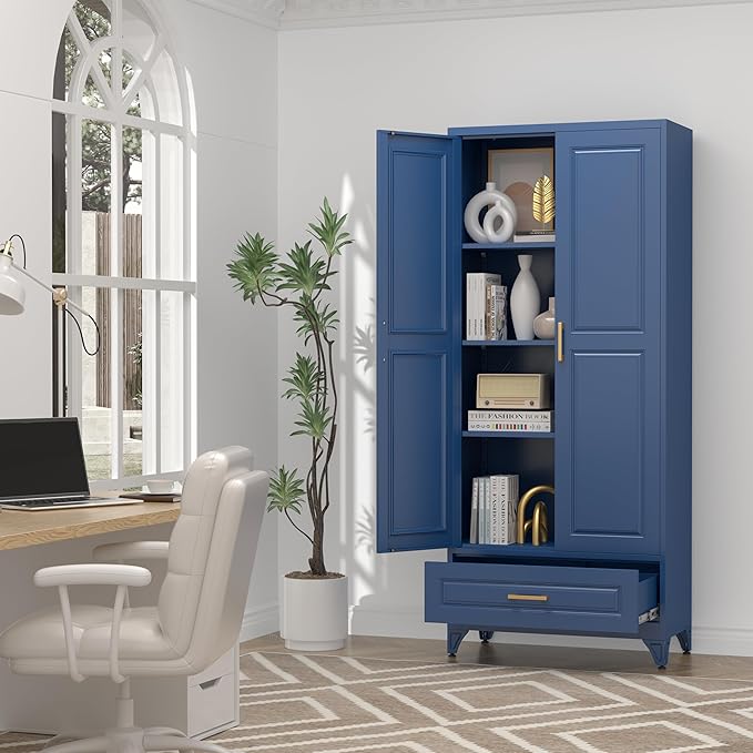 75" Kitchen Pantry Cabinet with Drawer, Tall Storage Cabinet with Doors and 4 Shelves, Metal Storage Cabinets for Kitchens, Living Room, Dinning Room, Assembly Required, Blue
