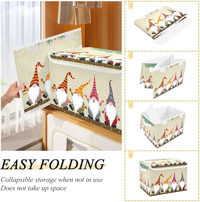 Christmas Baskets Collapsible Storage Bins with Lids, Christmas Card with Gnomes Storage Boxes Clothes Baskets for Organizing