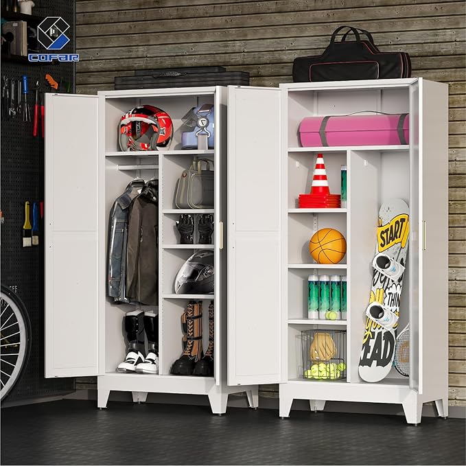 COFaR Metal Wardrobe Closet, Bedroom Armoire with Adjustable Hanging Rod and Shelves, Farmhouse Broom Closet Storage Cabinet for Garage Laundry Office, Roperos para Guardar Ropa, 71'' Tall White