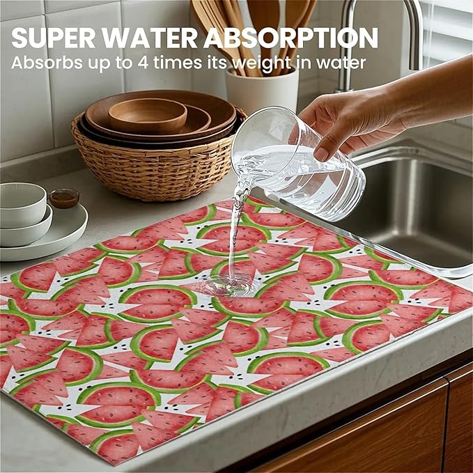 Dish Drying Mat For Kitchen Counter, Big Red Watermelon Microfiber Absorbent Dish Drainer Rack Pad Reusable Large 18x24in Drying Mat