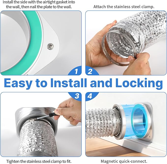 Magnetic Dryer Vent Connector Kit, DV180 Airtight Seal Coupling, Strong Magnet Quick Connection Self-Alignment Easy to Clean Included a 3ft 4" Duct & 2 Clamps