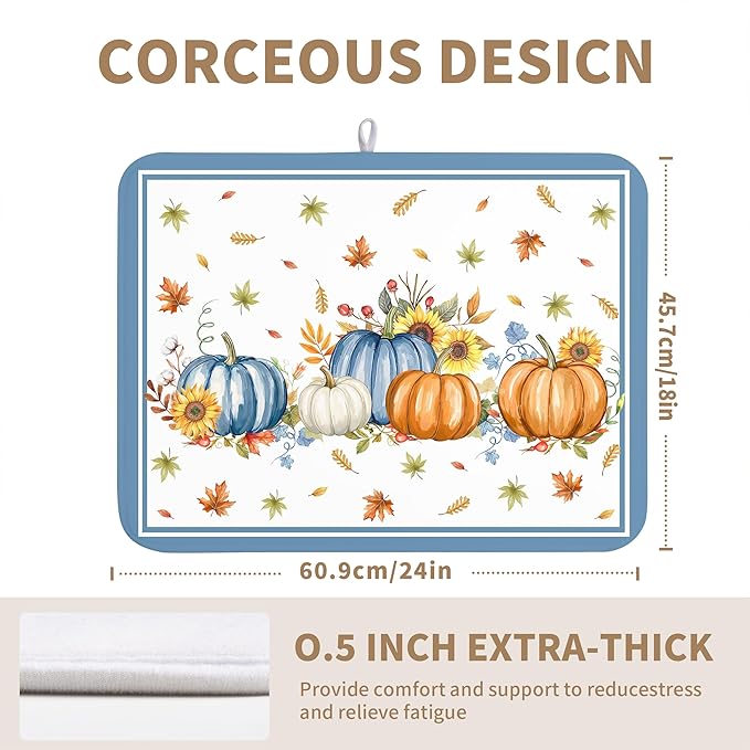 Fall Pumpkin Dish Drying Mat for Kitchen Counter 18×24 Inch Blue Dishes Pad Washable Thanksgiving Dish Rack Pad Drainer Mat Autumn Absorbent Reversible Microfiber Dish Drying Pad for Coffee Bar