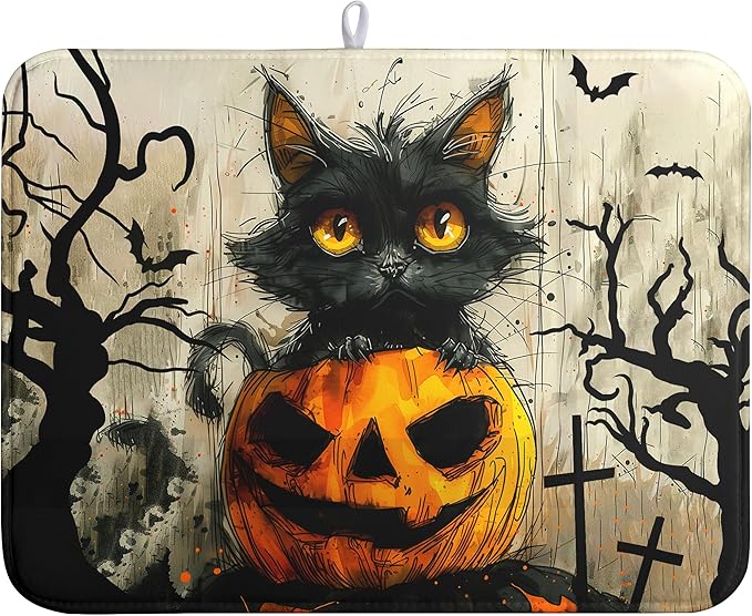 Wnoesat Black Cat Fall Pumpkin Dish Drying Mat 18x24 - Super Absorbent Drying Pads for Kitchen Counter - Happy Halloween Bat Branch Large Microfiber Dishes Drying Mats