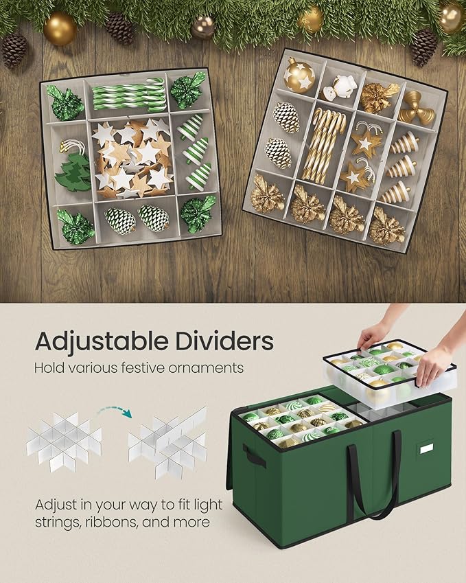 SONGMICS Christmas Ornament Storage Boxes, Set of 2, Dual Zippers, Stackable Christmas Storage Containers with Lid, 16 Trays, 600D Oxford, 3-Inch 256 Slots, Forest Green URFB043C01