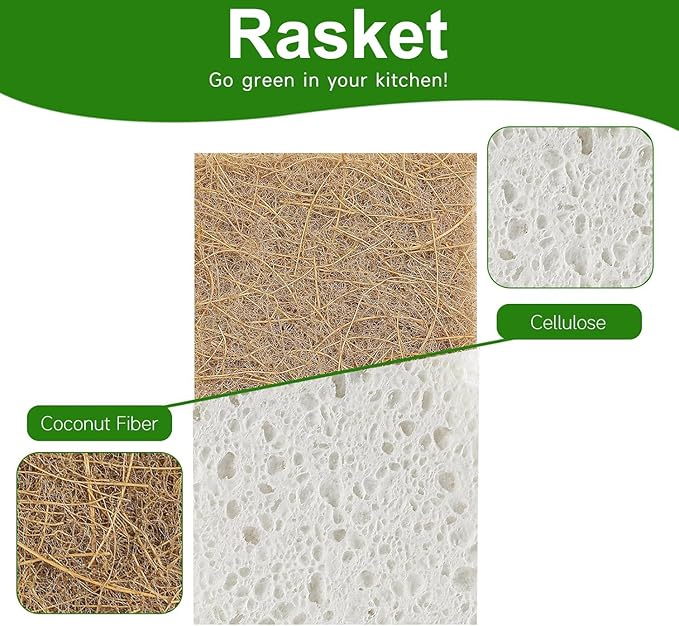 Rasket 10 Pack Biodegradable Natural Sponges Kitchen - Compostable Cellulose and Coconut Walnut Scrubber Sponge - Eco Friendly Sponges for Dishes