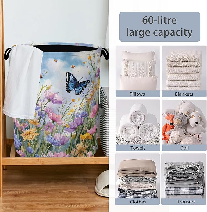 Wildflowers Butterfly Laundry Basket,Floral Garden Oxford Cloth Laundry Hamper with Handle Foldable Portable Clothes Storage Basket for Bathroom Bedroom Dorm Room 16" x 20.8"