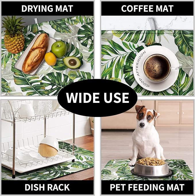 Kwlegh Tropical Palm Leaves Dish Drying Mat for Dishes 16x18 Inch Spring Green Monstera Leaf Drying Mat Watercolor Herbs Dish Drainer Mat Super Absorbent Dish Rack Pad for Coffee Bar Sinks