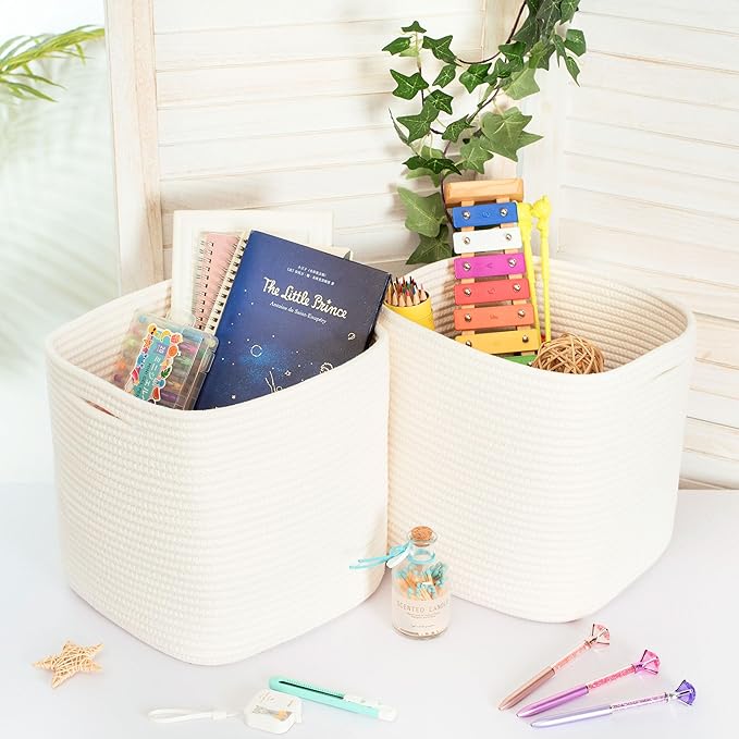 MINTWOOD Design 3-Pack 11x11in Woven Cube Storage Bin and Shelf Baskets, Cute Decorative Square Organizer for Closet, Classroom, Bathroom, Dog and Cat Toys, and Books, Creamy White