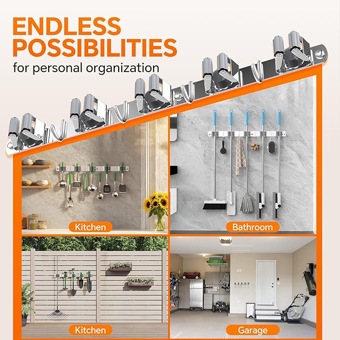 5 Grippers Broom Holder Wall Mount with 4 Hooks Stainless Steel Mop and Broom Organizer Self Adhesive or Screw Fixing for Garden Tool Rack Closet Laundry Room Kitchen Garage Storage Utility Hook