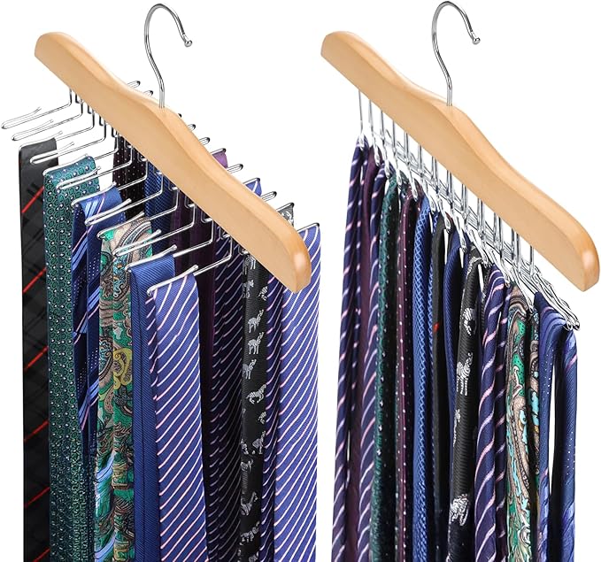 TOPIA HANGER Tie Rack Hanger for Closet, Wooden Tie Organizer for Men with 24 Folding Hooks, Space Saving Necktie Holder for Storage and Display Bra, Tank Top, Camisole (2-Pack), Natural- CT14N-2