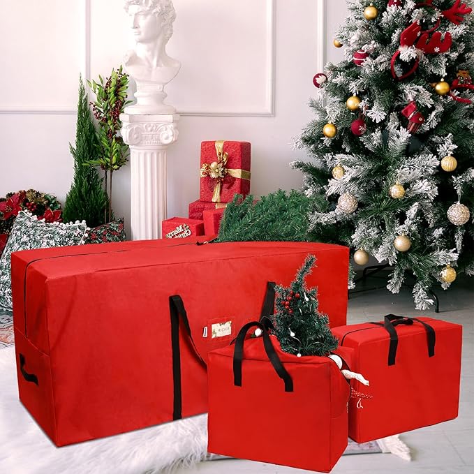 Christmas Tree Storage Bag 9ft (3pc Set), Fits Up to 9 Foot Artificial Trees, 600D Oxford Tear-proof Xmas Tree Bag, Reinforced Handles & Zippered & Durable, Holiday Decoration Storage Bags, Red