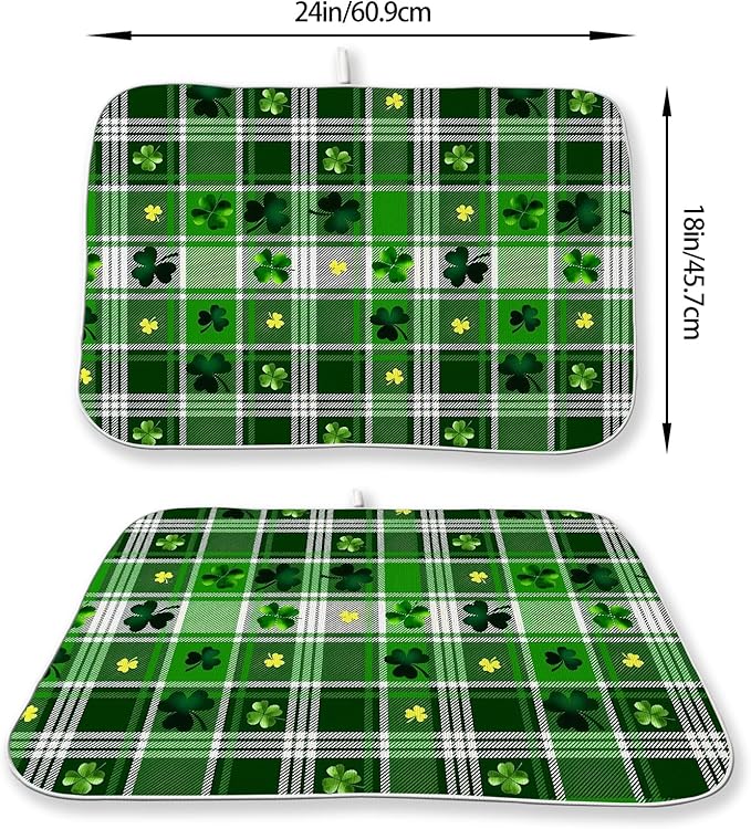 St Patricks Day Dish Drying Mat 18x24 Inch Green Lucky Shamrock Buffalo Plaid Drying Mat Checkered Spring Holiday Absorbent Dish Drying Pad Dish Rack Drainer Mats for Kitchen Dining Counter