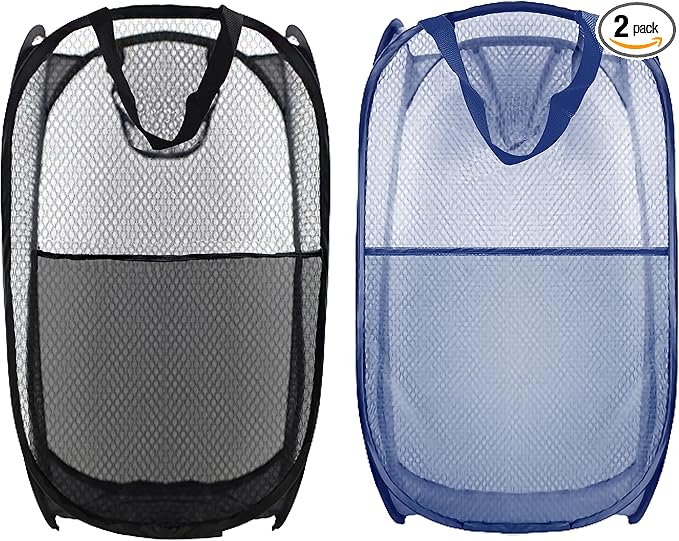 Buyongwant Collapsible Pop Up Laundry Hamper, Extra Large Mesh Foldable Laundry Basket Bag, 28" x 16" x 16", 2 Pack (Black + Blue)