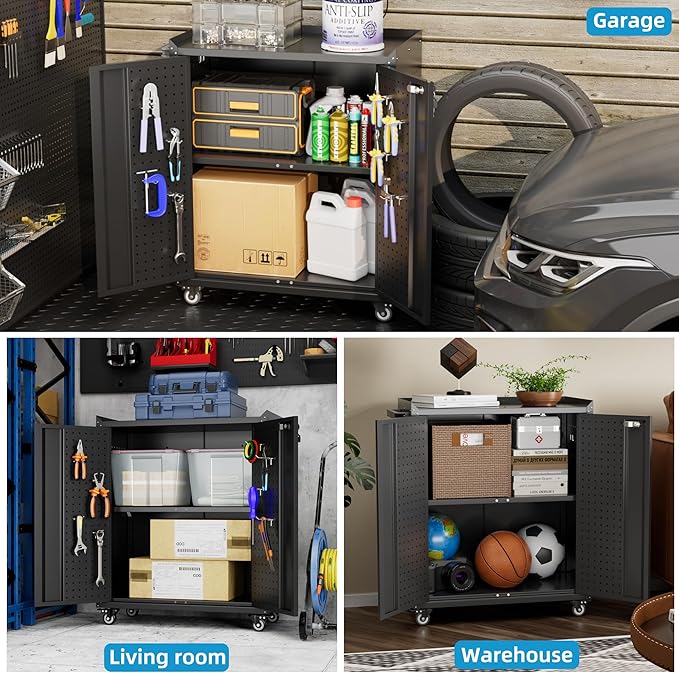 Metal Storage Cabinet on Wheels,Lockable Garage Storage Cabinet with Wheels Pegboard Pushing Hand for Office Home Warehouse, Assembly Required, Black,13.8 "D x 26" W x 34.3" H