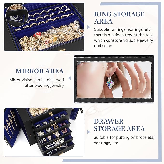AKOZLIN Huge Jewelry Box Organizer Functional Large Leather Jewelry Storage Case for Women Girls Ring Necklace Earring Bracelet Holder Organizer with Mirror