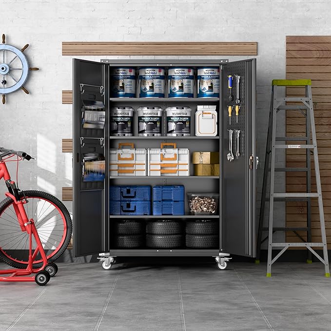 43.3"Wx21.9"Dx72"H Upgraded Wide and Deep Garage Storage Cabinet with Wheels and Doors,Metal Storage Cabinet with Pegboards and 4 Adjustable Shelves for Garage Home Basement,Required Assembly,Black