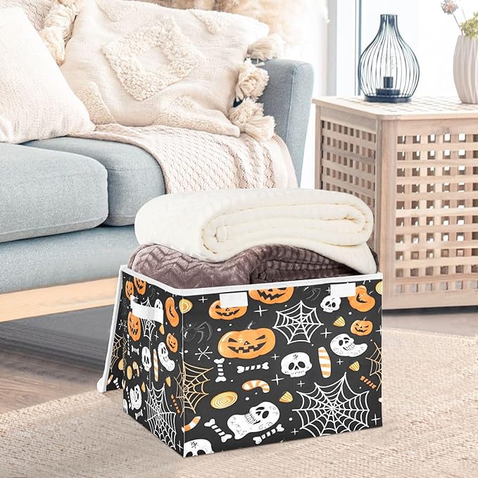 Bolaz Storage Bins with Lids and Handles,Halloween Seamless Pumpkins Spider Web Storage Box Basket with Cover Collapsible Organizer Containers for Home Closet, Shelves