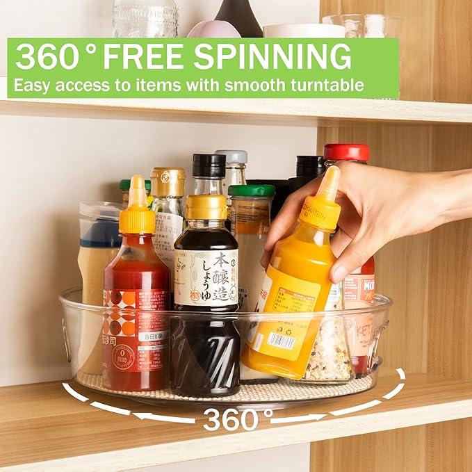 4 Pack Lazy Susan Organizer with Non-Skid Liners, 12-inch Spinning Turntable with Handle, Spice and Refrigerator Organizers, Pantry Organizers and Storage, Round