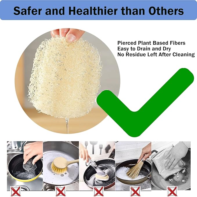 HONSVA Large Natural Dish Scrubber, Loofah Dishwashing Sponge (6 Pcs), No Scratch for Dish, Large Size 5.2"L*3.2"W, Loofah Plant Kitchen Eco-Scrubber, Zero Waste and Eco Friendly Sponges, Unbleached.