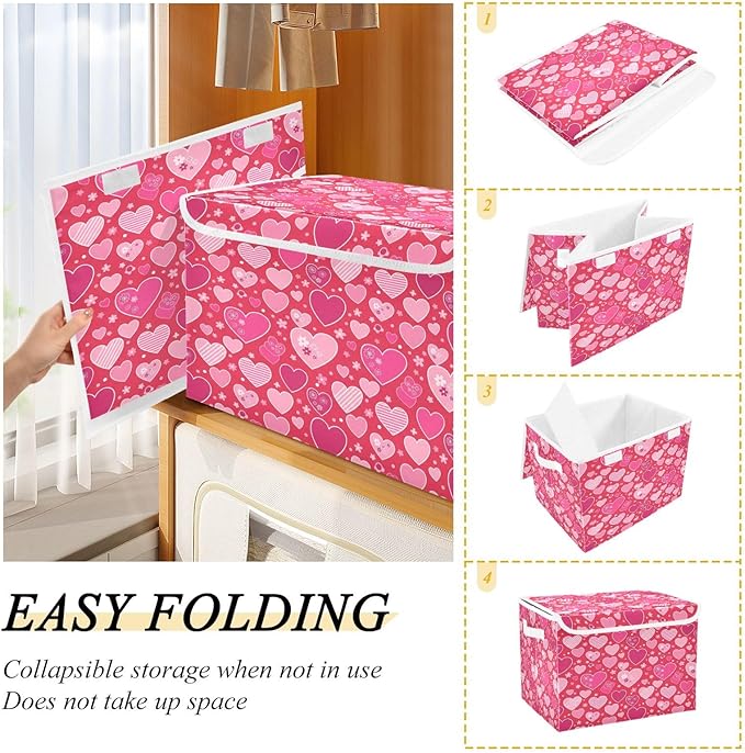 Bolaz Valentines Red Heart Flower Florals Storage Bins with Lids and Handles, Foldable Storage Box Storage Basket with Cover Collapsible Organizer Containers for Home Closet, Shelves