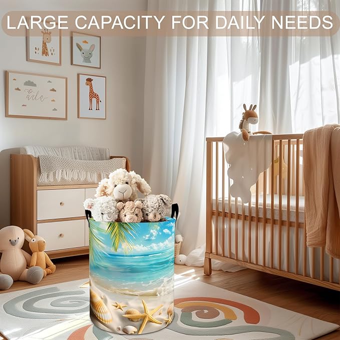 Beach Laundry Basket Hamper 19.7"x15.8", Ocean Starfish Foldable Waterproof Oxford Clothes Storage Bucket for Room Bathroom Bedroom Nursery Decor, Toy Organizer Bins Gifts for Kids Boys Girls